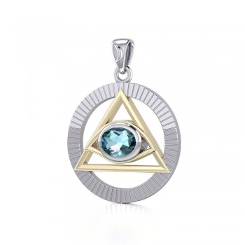 Eye of The Pyramid Silver and Gold Pendant with Blue Topaz Gem