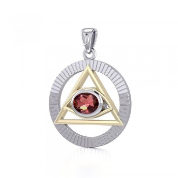 Eye of The Pyramid Silver and Gold Pendant with Garnet Gem