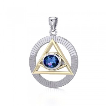 Eye of The Pyramid Silver and Gold Pendant with Sapphire Gem