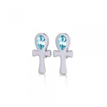 Ankh Post Earrings with Blue Topaz Gemstones