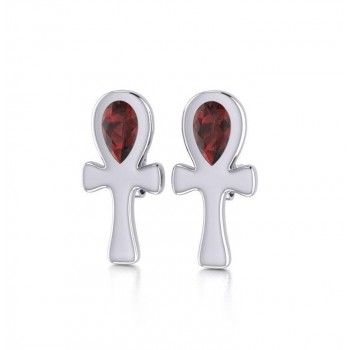 Ankh Post Earrings with Garnet Gemstones