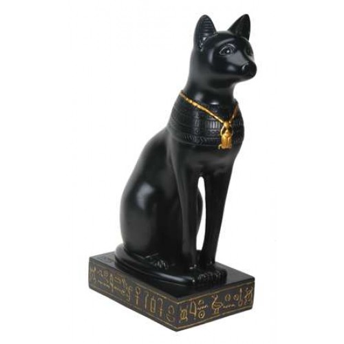 Bastet Egyptian Cat Goddess Statue with Scarab Necklace - 8.5 Inches High